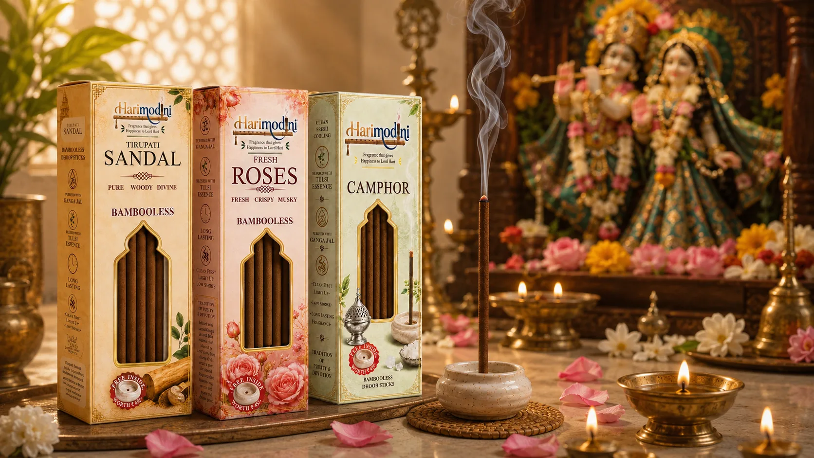 Bamboo-less dhoop sticks for puja and meditation by Harimodini with sacred smoke, diya, flowers and devotional Radha Krishna background