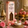 Harimodini Fresh Rose dhoop sticks box with burning bambooless dhoop stick in free ceramic holder and soft smoke.