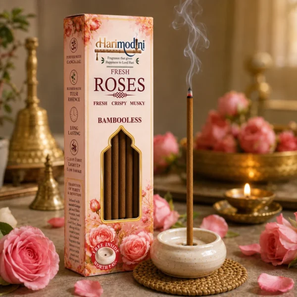 Harimodini Fresh Rose dhoop sticks box with burning bambooless dhoop stick in free ceramic holder and soft smoke.