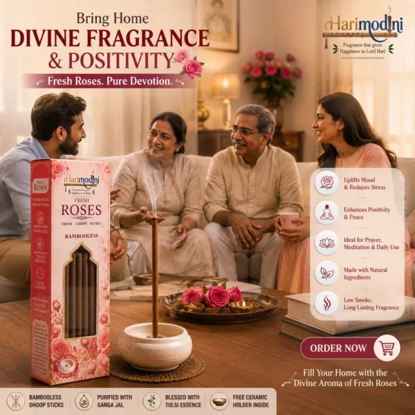 Harimodini Fresh Rose dhoop sticks in Indian living room with family, burning dhoop stick and Bring Home Divine Fragrance CTA