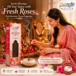 Indian woman in puja room with Harimodini Fresh Rose dhoop sticks, burning Fresh Rose dhoop and idol.