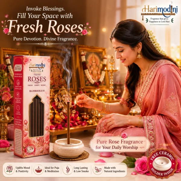 Indian woman in puja room with Harimodini Fresh Rose dhoop sticks, burning Fresh Rose dhoop and idol.