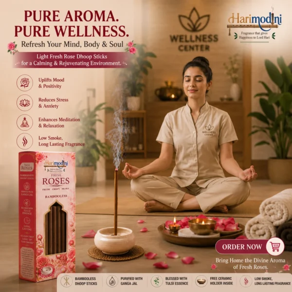 Harimodini Fresh Rose dhoop sticks in wellness center with meditation, burning dhoop stick and Pure Aroma Pure Wellness CTA.