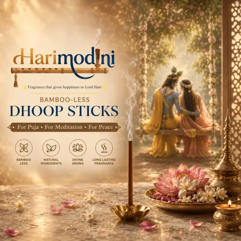 Harimodini bamboo-less dhoop sticks for puja and meditation with Radha Krishna devotional background