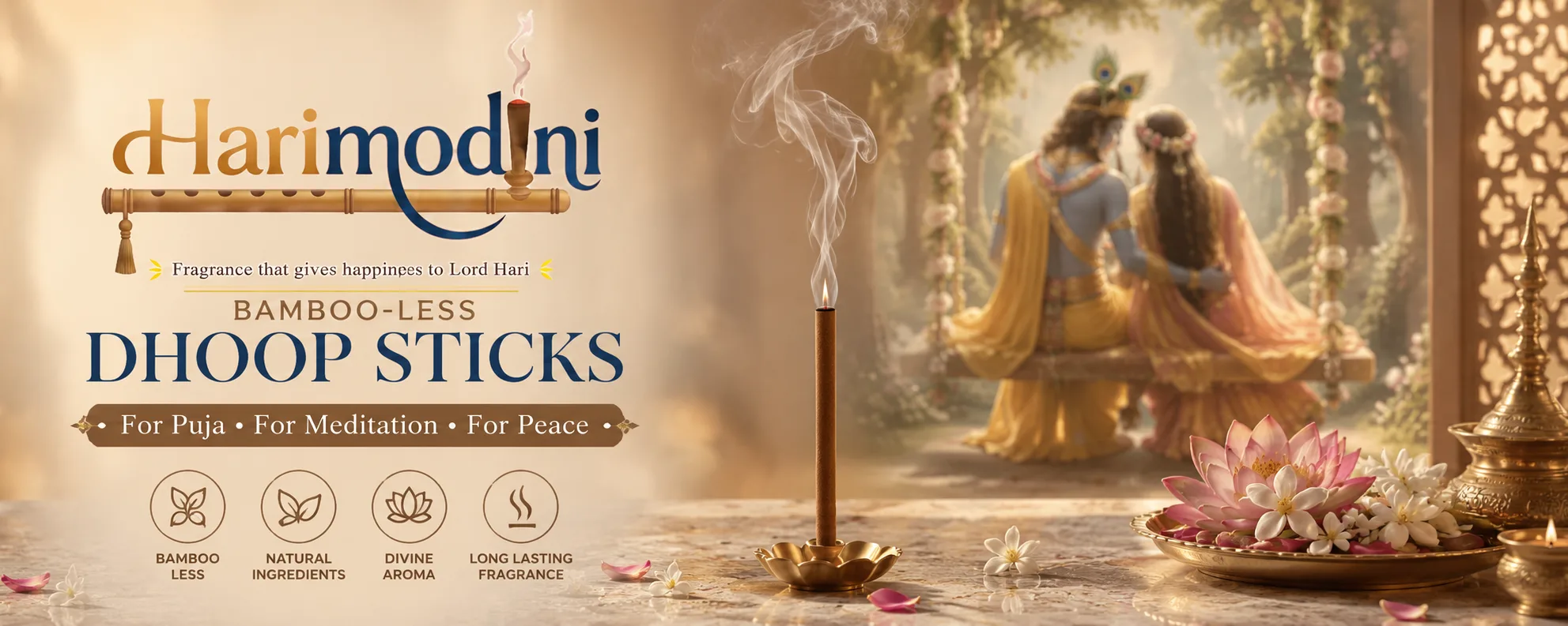 Harimodini bamboo-less dhoop sticks for puja and meditation with smoke, Radha Krishna devotional background, diya, flowers, and peaceful spiritual ambience.