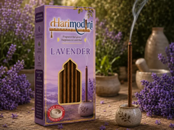 Harimodini Lavender bambooless dhoop sticks box with transparent golden window, visible dhoop sticks, free ceramic holder, and burning dhoop stick.