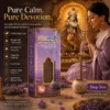 Harimodini Lavender dhoop sticks in puja room with Krishna idol, woman praying, burning dhoop stick, and devotional fragrance CTA.