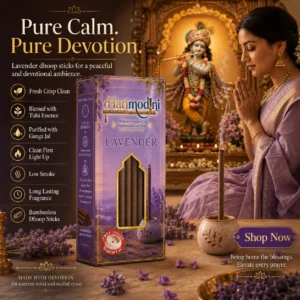 Harimodini Lavender dhoop sticks in puja room with Krishna idol, woman praying, burning dhoop stick, and devotional fragrance CTA.