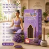 Harimodini Lavender dhoop sticks in yoga center with meditation, burning bambooless dhoop stick, fresh crisp fragrance, and wellness CTA