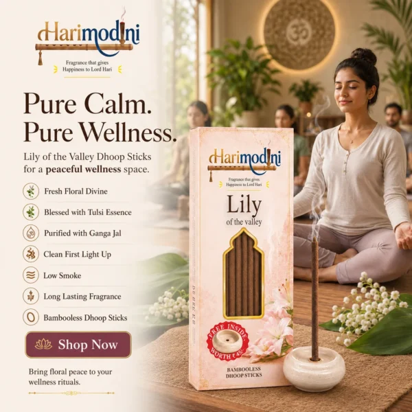 Harimodini Lily of the Valley dhoop sticks in yoga and wellness center with meditation, burning dhoop stick, low smoke aroma, and wellness CTA.