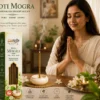 Indian woman praying in room with Harimodini Moti Mogra dhoop sticks, burning Moti Mogra dhoop and Krishna idol