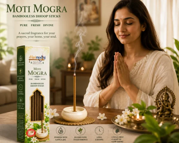 Indian woman praying in room with Harimodini Moti Mogra dhoop sticks, burning Moti Mogra dhoop and Krishna idol