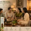Harimodini Moti Mogra dhoop sticks in Indian living room with family, burning dhoop stick and Moti Mogra CTA