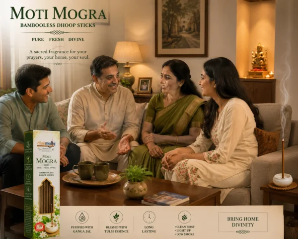Harimodini Moti Mogra dhoop sticks in Indian living room with family, burning dhoop stick and Moti Mogra CTA