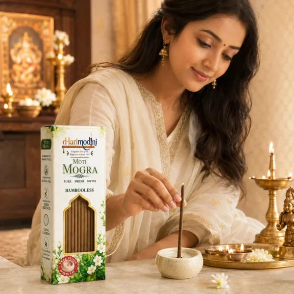 Devotional Indian woman with idol with Harimodini Moti Mogra dhoop sticks box and burning dhoop holder.