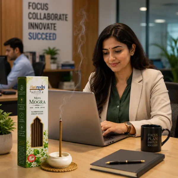 Harimodini Moti Mogra dhoop sticks in office meeting room with burning Moti Mogra dhoop.