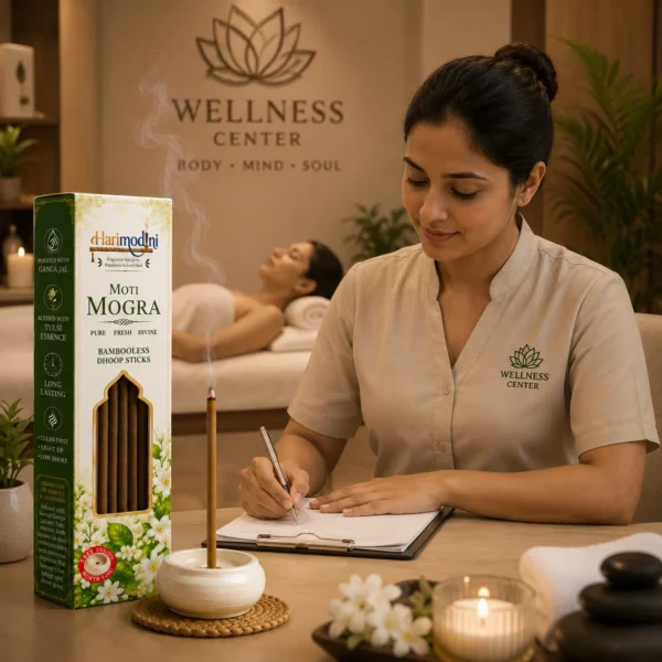 Harimodini Moti Mogra dhoop sticks in yoga and wellness center with meditation, burning dhoop stick.