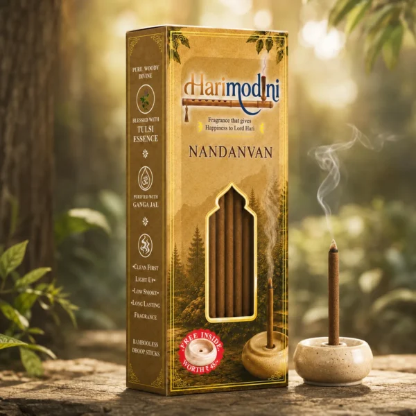 Harimodini Nandanvan bamboo-less dhoop sticks box with visible sticks, burning dhoop and free ceramic holder in natural setting