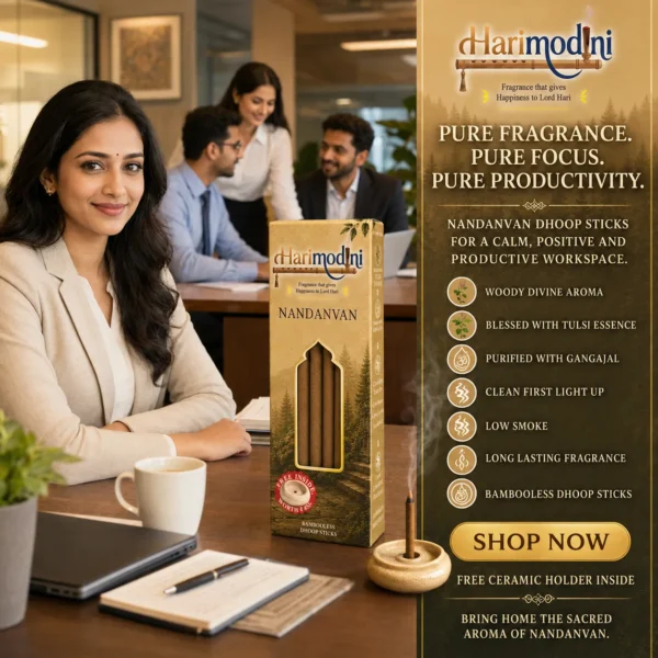 Harimodini Nandanvan bamboo-less dhoop sticks in office workspace for calm focus, positive aroma and productive ambience