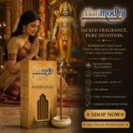 Harimodini Nandanvan bamboo-less dhoop sticks with burning stick, ceramic holder and woman praying in temple room