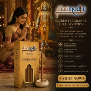 Harimodini Nandanvan bamboo-less dhoop sticks with burning stick, ceramic holder and woman praying in temple room