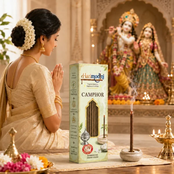 Devotional Indian woman facing Radha Krishna idol with Harimodini Camphor