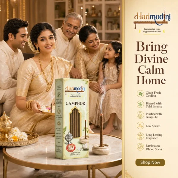 Harimodini Camphor dhoop sticks in Indian living room with family, burning dhoop stick and Bring Divine Calm Home CTA.