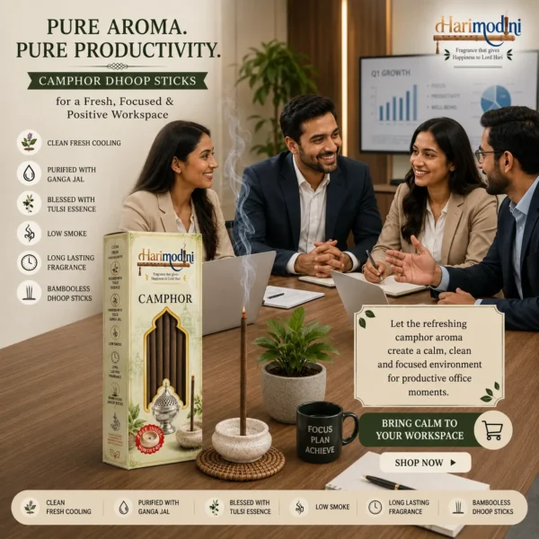 Harimodini Camphor dhoop sticks in modern office workspace with burning dhoop, Pure Aroma Pure Productivity CTA and product benefits.