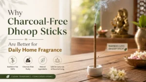 Charcoal-free bamboo-less dhoop stick burning in a ceramic holder for daily puja, meditation, and peaceful home fragrance.