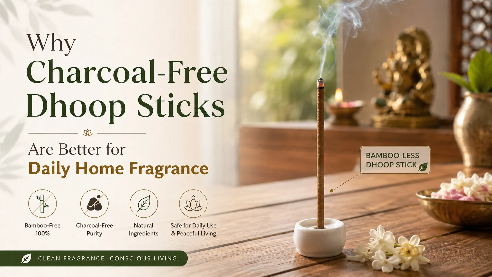 Charcoal-free bamboo-less dhoop stick burning in a ceramic holder for daily puja, meditation, and peaceful home fragrance.