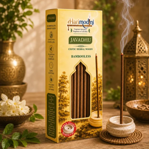 Harimodini Javadhu dhoop sticks box with burning bambooless dhoop stick in free ceramic holder and soft smoke.