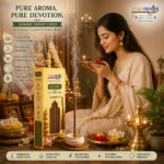 Indian woman praying in puja room with Harimodini Javadhu dhoop sticks, burning Javadhu dhoop and idol.