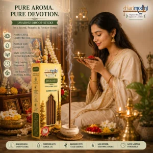 Indian woman praying in puja room with Harimodini Javadhu dhoop sticks, burning Javadhu dhoop and idol.