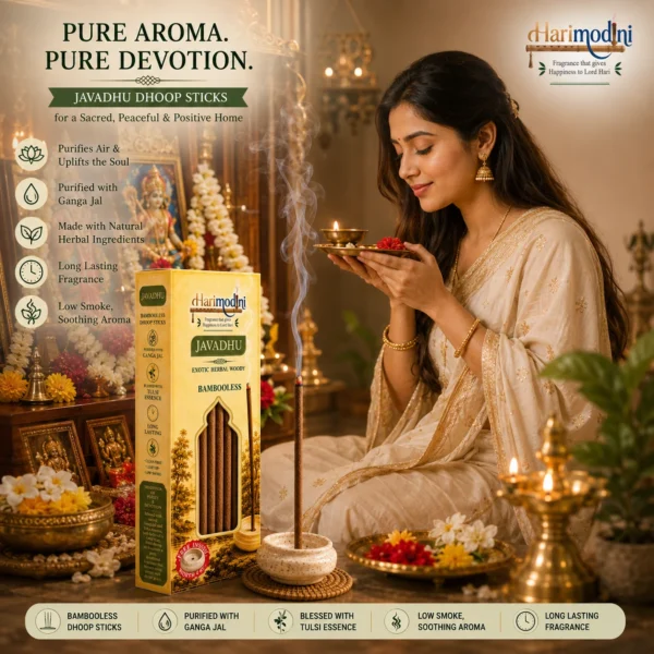 Indian woman praying in puja room with Harimodini Javadhu dhoop sticks, burning Javadhu dhoop and idol.