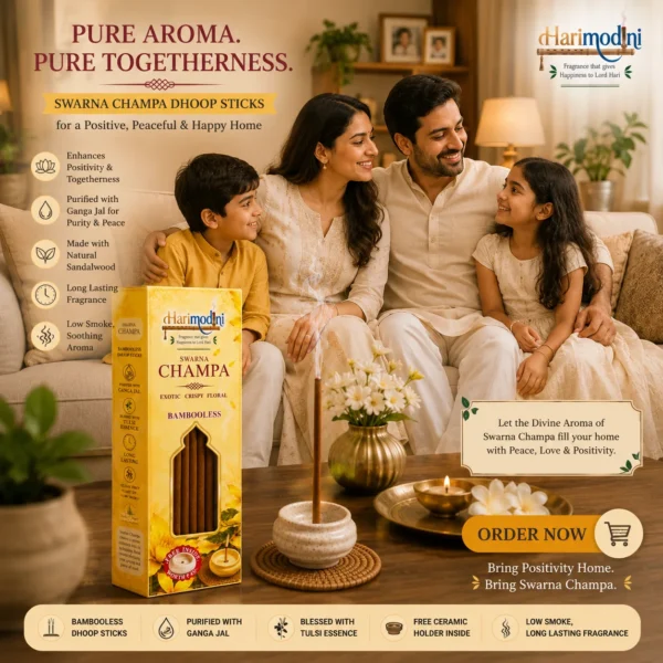 Harimodini Swarna Champa dhoop sticks in Indian living room with family, burning dhoop stick and Bring Divine Calm Home CTA