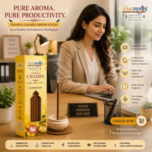 Harimodini Swarna Champa dhoop sticks in office room with burning Swarna Champa dhoop and Bring Pure Productivity CTA.