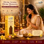 Indian woman praying in puja room with Harimodini Swarna Champa dhoop sticks, burning Swarna Champa dhoop and idol.