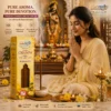 Indian woman praying in puja room with Harimodini Swarna Champa dhoop sticks, burning Swarna Champa dhoop and Krishna idol.