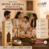 Harimodini Tirupati Sandal dhoop sticks in Indian living room with family, burning dhoop stick and Bring Divine Aroma Home CTA.