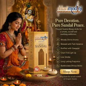 Gujarati woman praying in puja room with Harimodini Tirupati Sandal dhoop sticks, Krishna idol, burning dhoop stick, and devotional Shop Now CTA