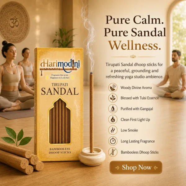 Harimodini Tirupati Sandal bambooless dhoop sticks in yoga studio with meditation, burning dhoop stick, sandalwood aroma, and wellness CTA.