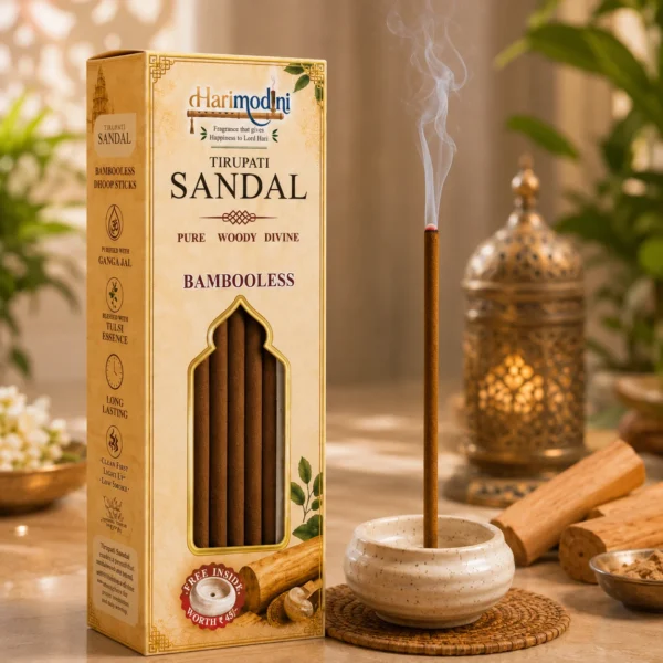Harimodini Tirupati Sandal dhoop sticks packaging with full golden transparent window and visible bambooless dhoop sticks.