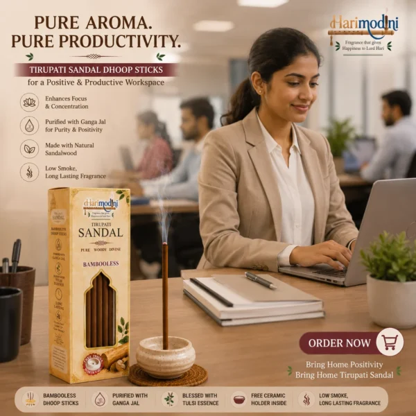 Harimodini Tirupati Sandal dhoop sticks in office room with burning Tirupati Sandal dhoop and Bring Pure Aroma to Every Office CTA.