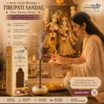 Indian woman praying in puja room with Harimodini Tirupati Sandal dhoop sticks, burning Tirupati Sandal dhoop and Radha Krishna idol