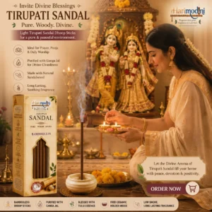 Indian woman praying in puja room with Harimodini Tirupati Sandal dhoop sticks, burning Tirupati Sandal dhoop and Radha Krishna idol