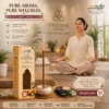 Harimodini Tirupati Sandal dhoop sticks in yoga and wellness center with meditation, burning dhoop stick and Pure Aroma Pure Wellness CTA.