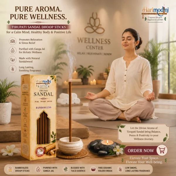 Harimodini Tirupati Sandal dhoop sticks in yoga and wellness center with meditation, burning dhoop stick and Pure Aroma Pure Wellness CTA.