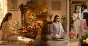 Indian woman using bamboo-less dhoop during morning puja, evening aarti and meditation before welcoming guests at home