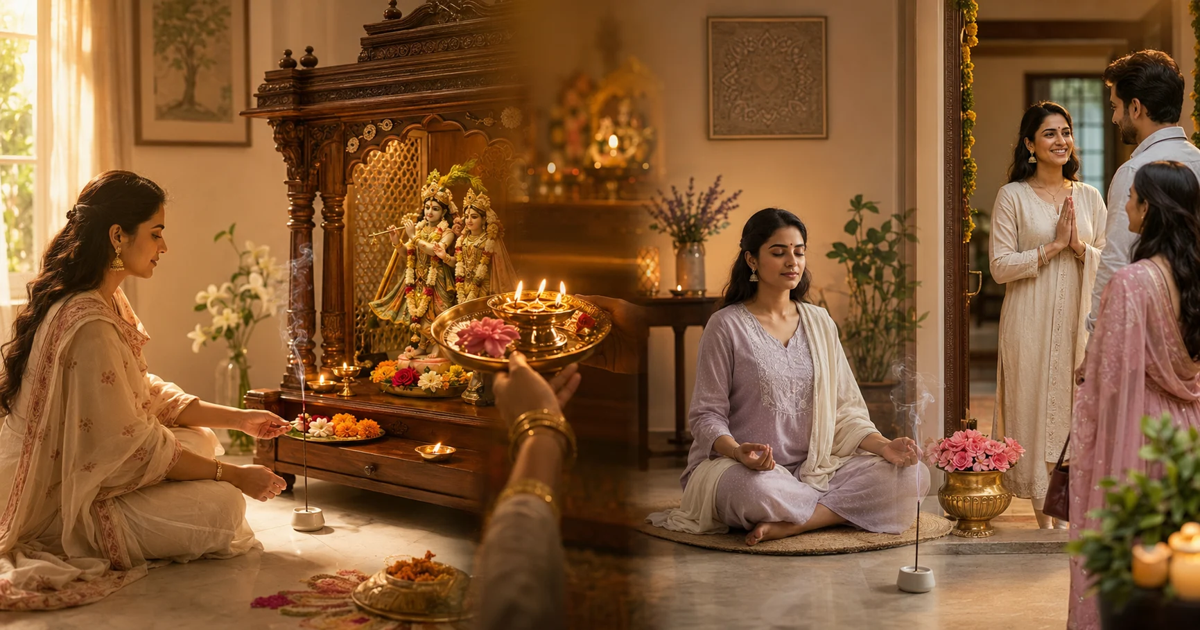 Indian woman using bamboo-less dhoop during morning puja, evening aarti and meditation before welcoming guests at home
