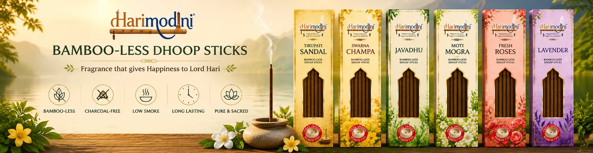 Harimodini bamboo-less dhoop sticks collection featuring Tirupati Sandal, Swarna Champa, Javadhu, Moti Mogra, Fresh Rose and Lavender for daily puja and meditation